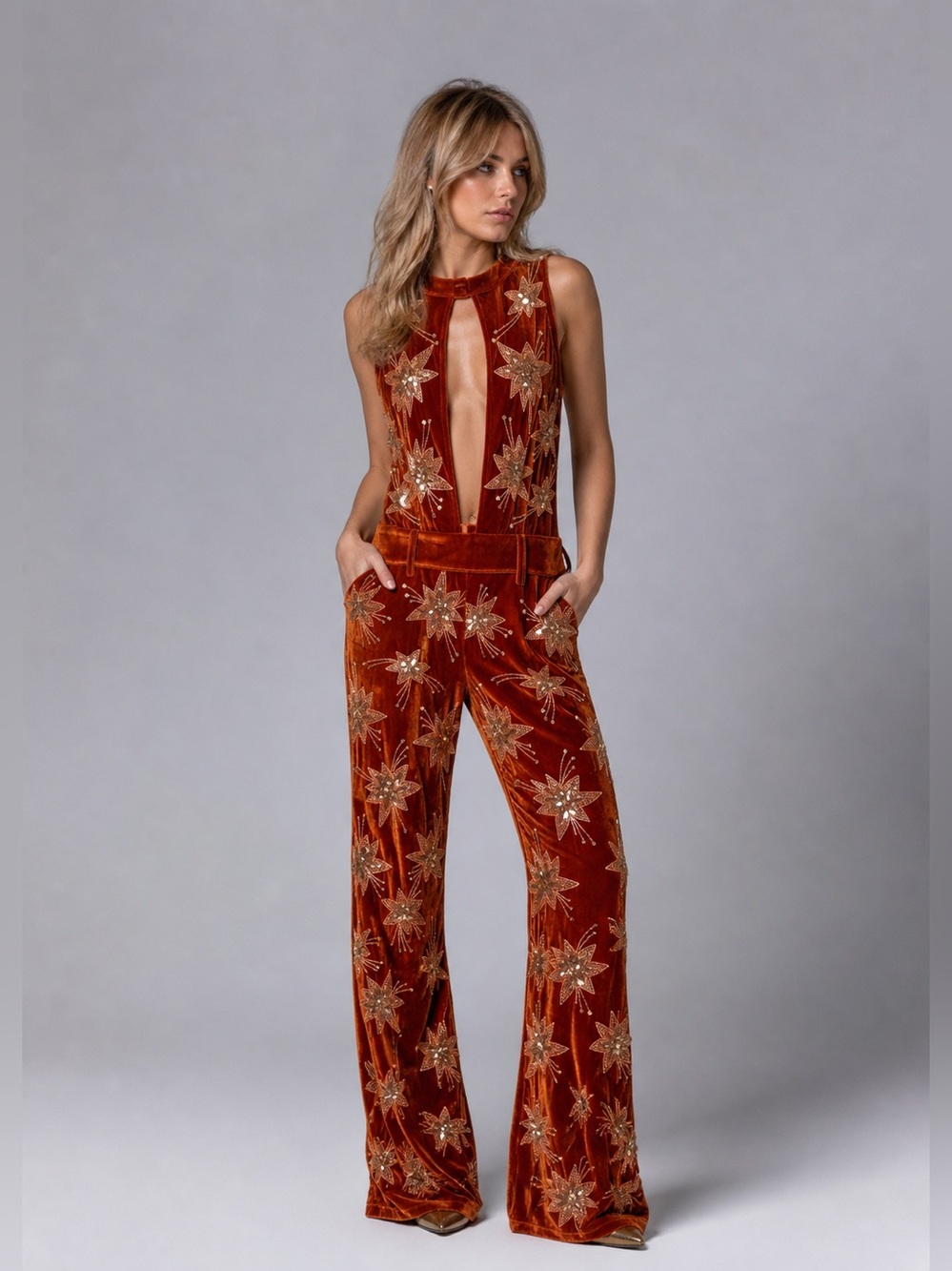 Lenni Velvet Star Embellished Jumpsuit Festival Concert Statement Outfit M